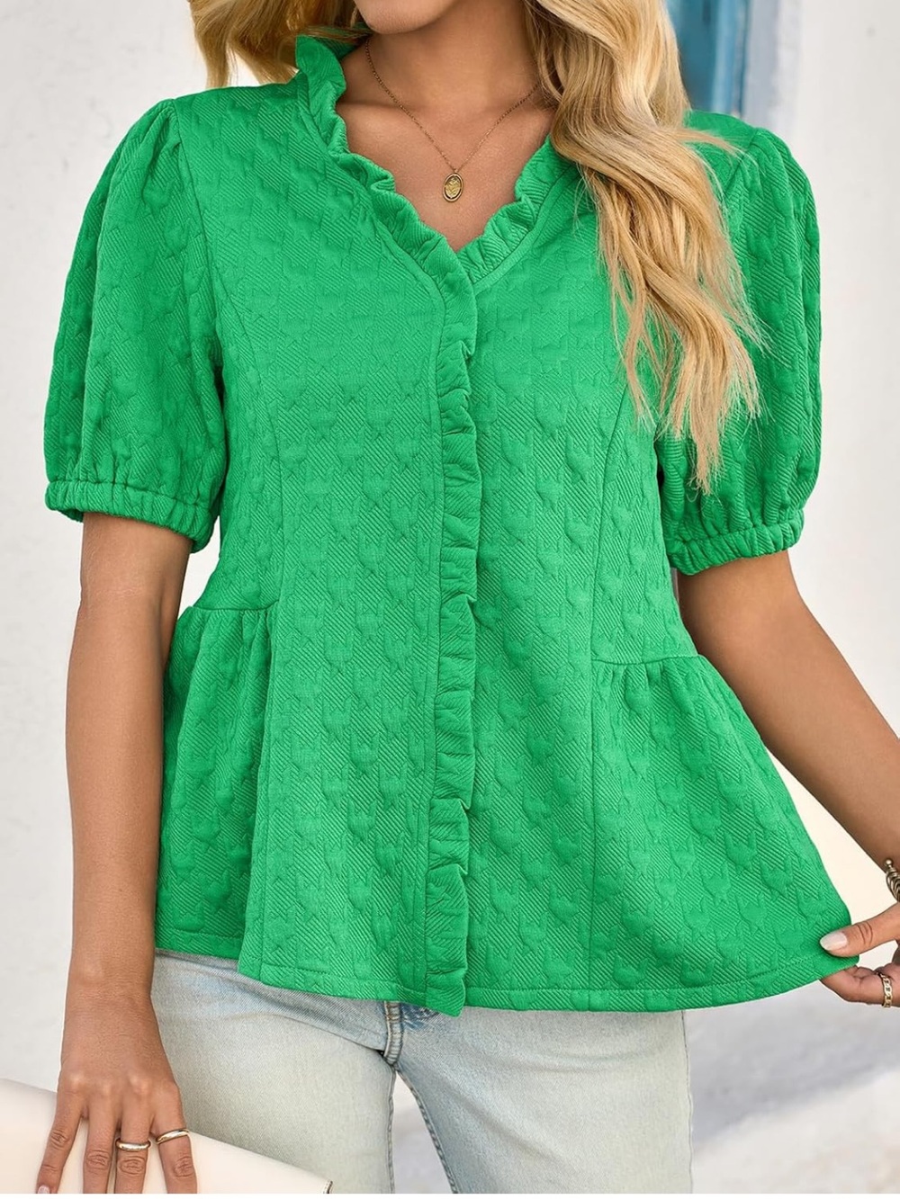 NWT Peplum Puff Sleeve Tops Dressy Casual Textured Blouses V Neck Ruffle Medium - Picture 4 of 10